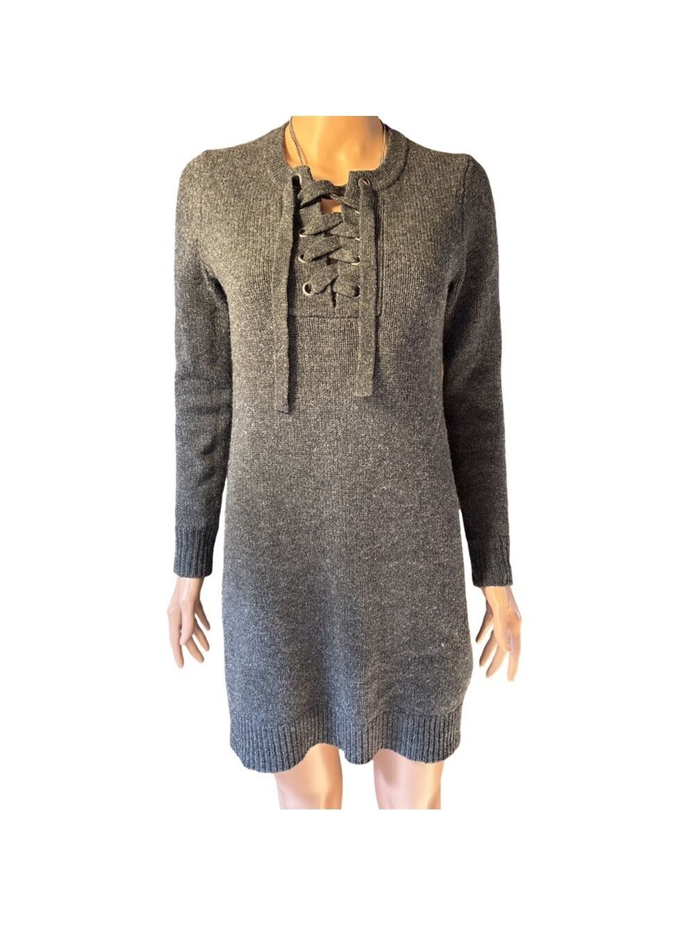 Madewell Dark Gray Lace-Up Long Sleeve Merino Wool Sweater Dress XS